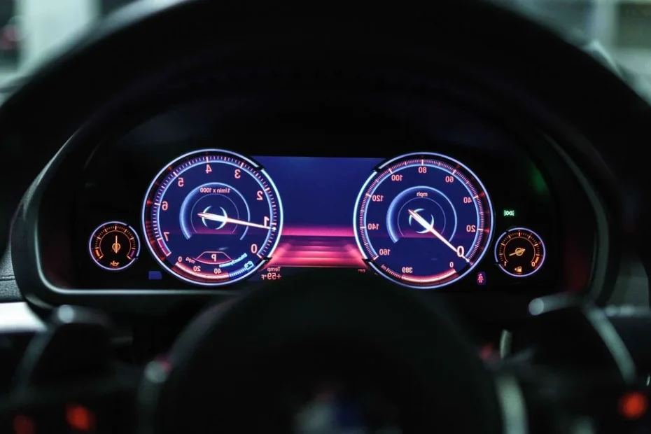 Tableau de bord allumé avec voyant moteur orange sur une voiture en circulation