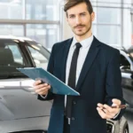 Votre vieille voiture vaut plus que vous ne le croyez Vieille voiture diesel garée devant un concessionnaire, prime reprise affichée